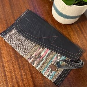 Multicolor Woven Clutch with Black Leather Flap